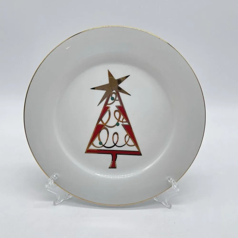 Pier 1 Christmas Tree Porcelain Salad Plates 7 1/2” Set of 4 Red Green Gold